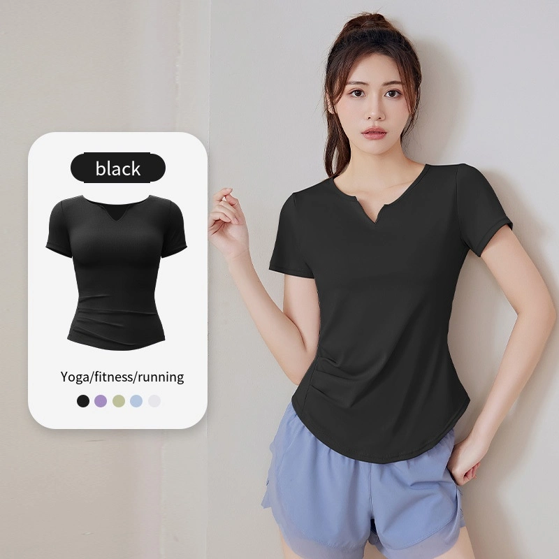 Summer V-Neck Women&prime;s Quick-Drying Solid Color Waist Loose Running Fitness Slimming Sports Gym Yoga Wear Short-Sleeved Sports T-Shirt