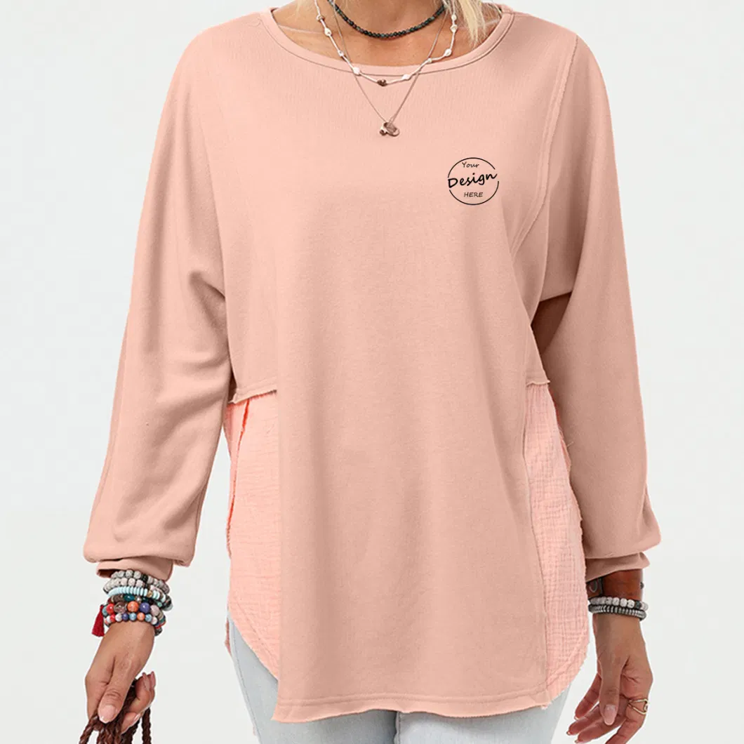 Latest Patchwork Fabric Crew Neck Sweatshirt High Quality Women Oversized Long Sleeve Shirts Custom Print Logo