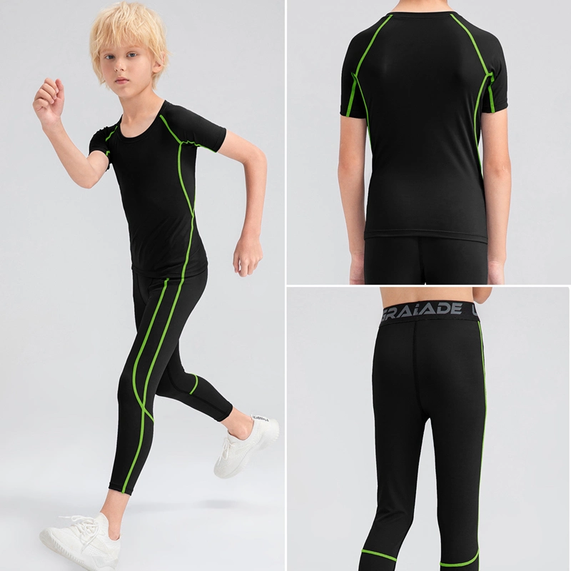 Factory Hot Selling 2PCS Compression Short Sleeve T-Shirt with Gym Leggings for Boys, Custom Kids Running Sports Base Layer Football High Quality Activewear Set