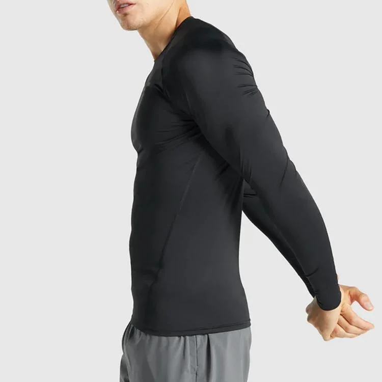 Black Fitness Men Sports Running Long Sleeve O-Neck Nylon Spandex T Shirt