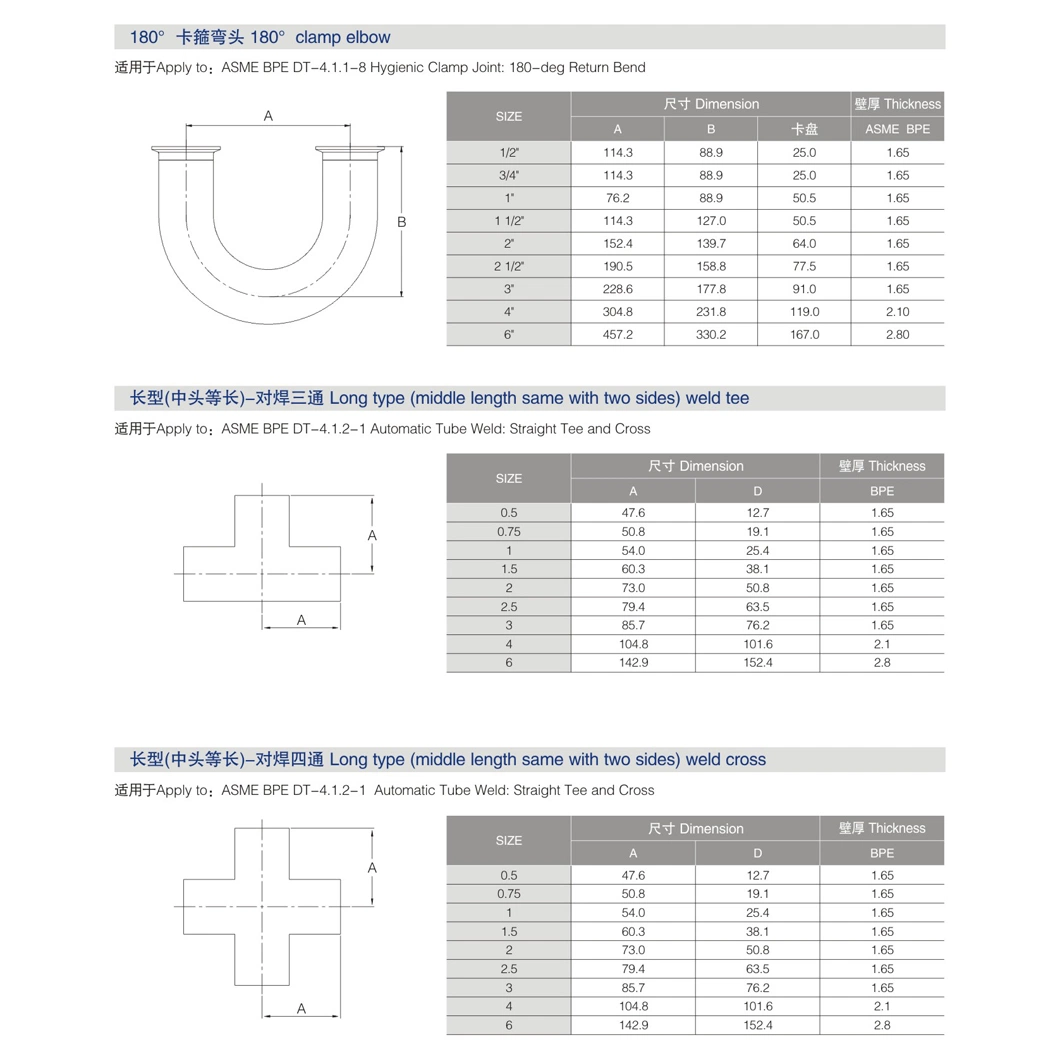 Seamless Sanitary Welding Clamped Long-Type Equal Tee