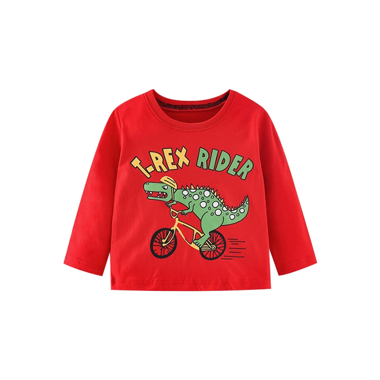 Boys Clothing Cotton Round Neck Red Color Cartoon Print Long-Sleeved T-Shirt Small and Medium Children&prime;s Personality Top Shirt