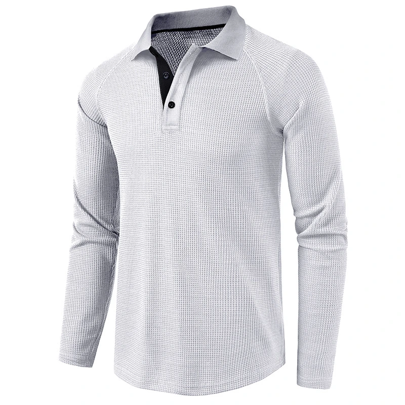 Wholesale Lapel Collar T-Shirt Loose Pullover White Waffle Long-Sleeve Polo Shirt