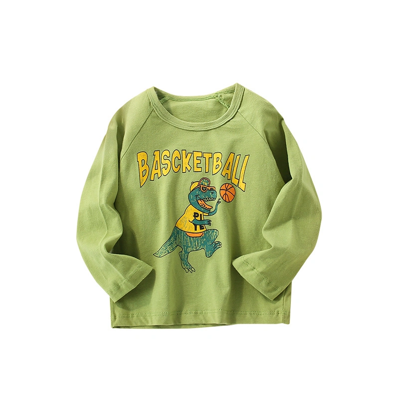 New Arrival Boy Kids Long Sleeve Cotton Round Neck T-Shirt Middle and Small Children&prime;s Printed Casual Green Top Shirt