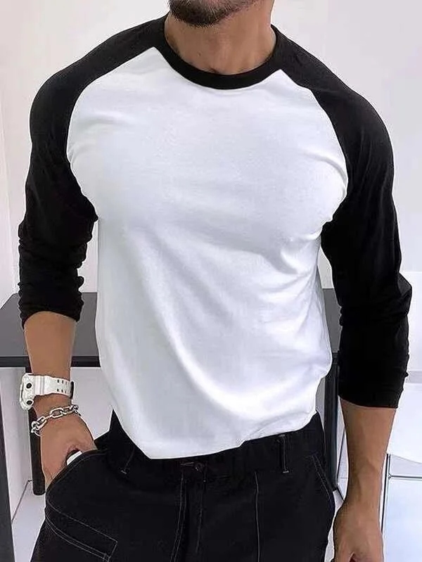 Wholesale Cut and Sewing Polyester Wicking Function Adult Men Quick Dry Training Men Black and White Color Block Raglan Long Sleeve Tee