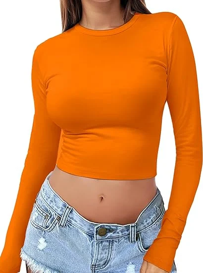 Womens Long Sleeve Crop Top Crew Neck Y2K Shirt Sexy Slim Fitted Casual Base Layer Soft Workout Shirt Going out Tops