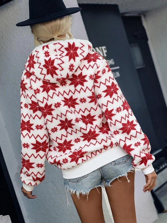 Flash Velvet Fall and Winter Cross-Border Europe Women&prime;s Loose Hooded Zipper Cardigan Velvet Printing Sweater