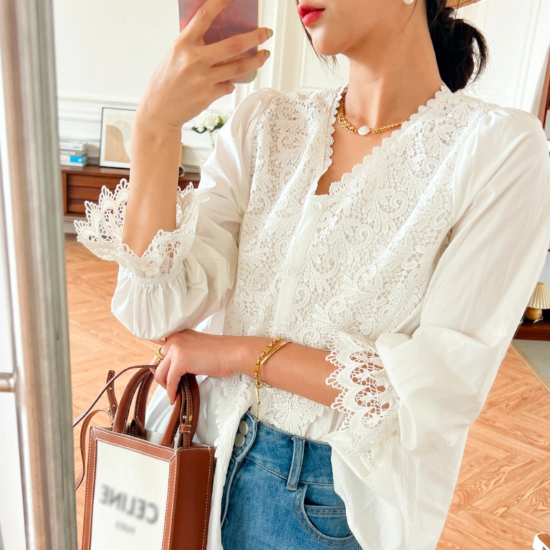 Basic Shape Long Flare Sleeve Shirt Lace Applique Button up Classic Women Blouses White Beach Shirt