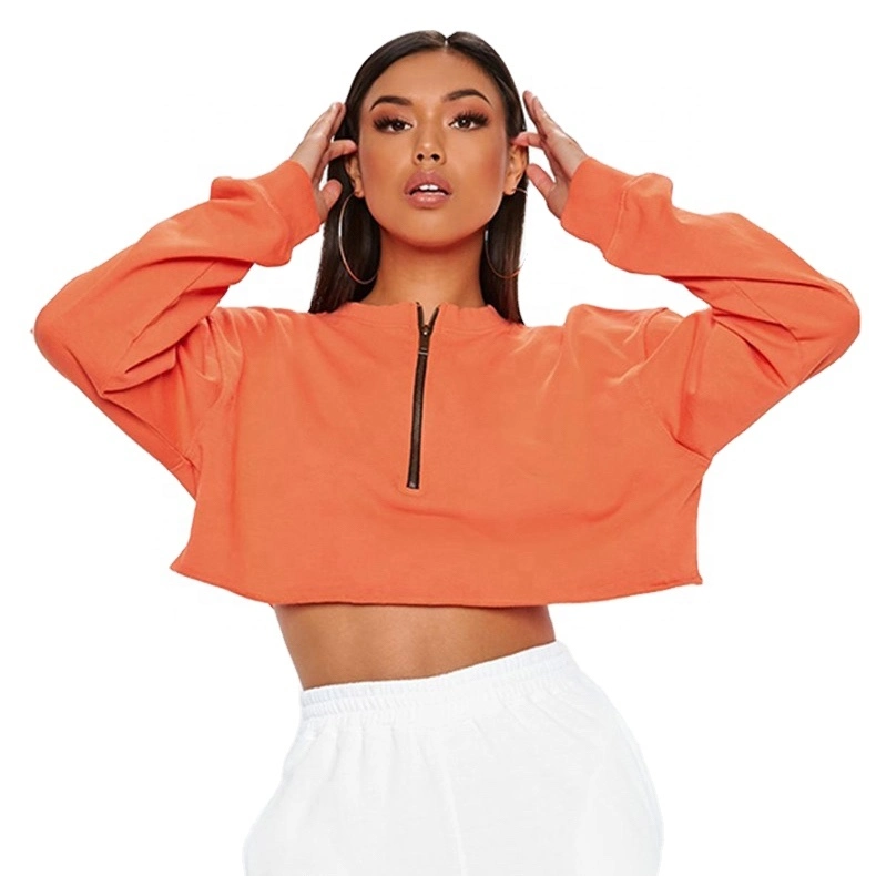 Custom Logo Long Sleeve Cotton Terry Women Crop Top Zipper Stand Collar Sweatshirt Solid Cropped Sweater