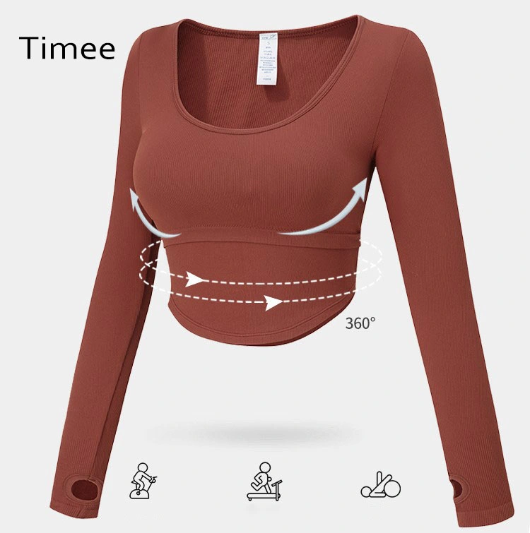 White Color Women&prime;s Fitness Exercise Shirts with Chest Pads Training Long Sleeve Tops Yoga Wear