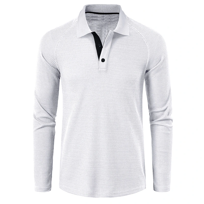 Wholesale Lapel Collar T-Shirt Loose Pullover White Waffle Long-Sleeve Polo Shirt