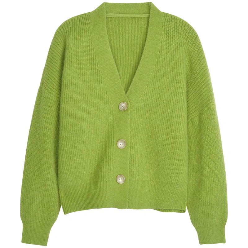 Nnr Cropped Sweater Women Knitted Cardigan V Neck Long Sleeve with Button