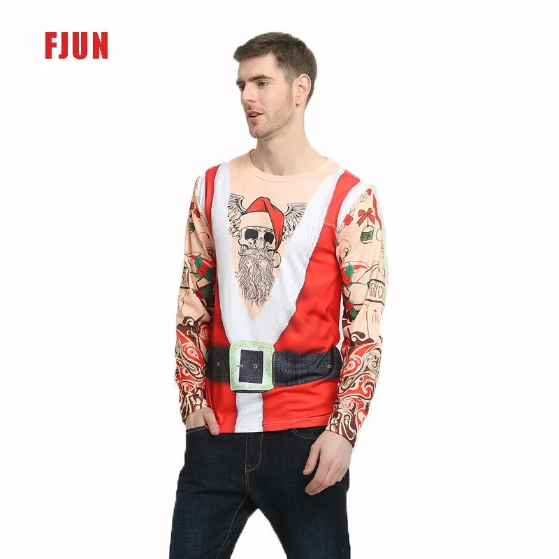 2022 Popular Cute Christmas Atmosphere Large Area Santa Claus Print Round Neck Long Sleeve Men&prime; S T-Shirt