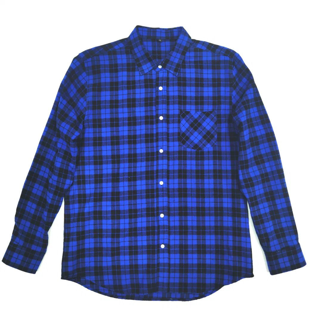 Manufacture Pattern Silk Screen Printed Blue Mens Long Sleeve Plaid Loose Fitted Blue Flannel Shirt with Pockets