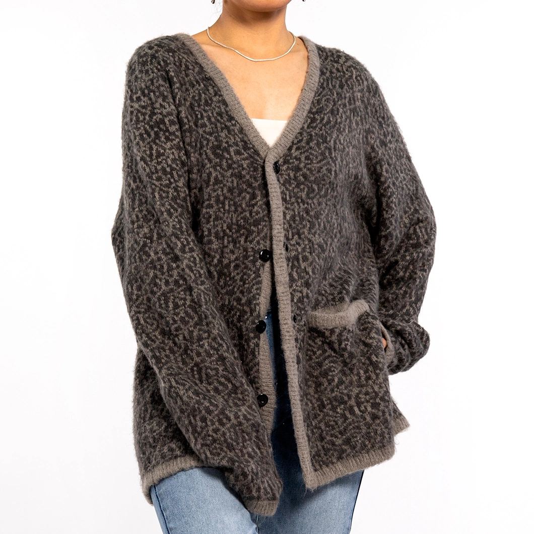 Winter Leopard Print Knit Jacket V-Neck Long Sleeve Plus Size Cardigan Sweaters for Women