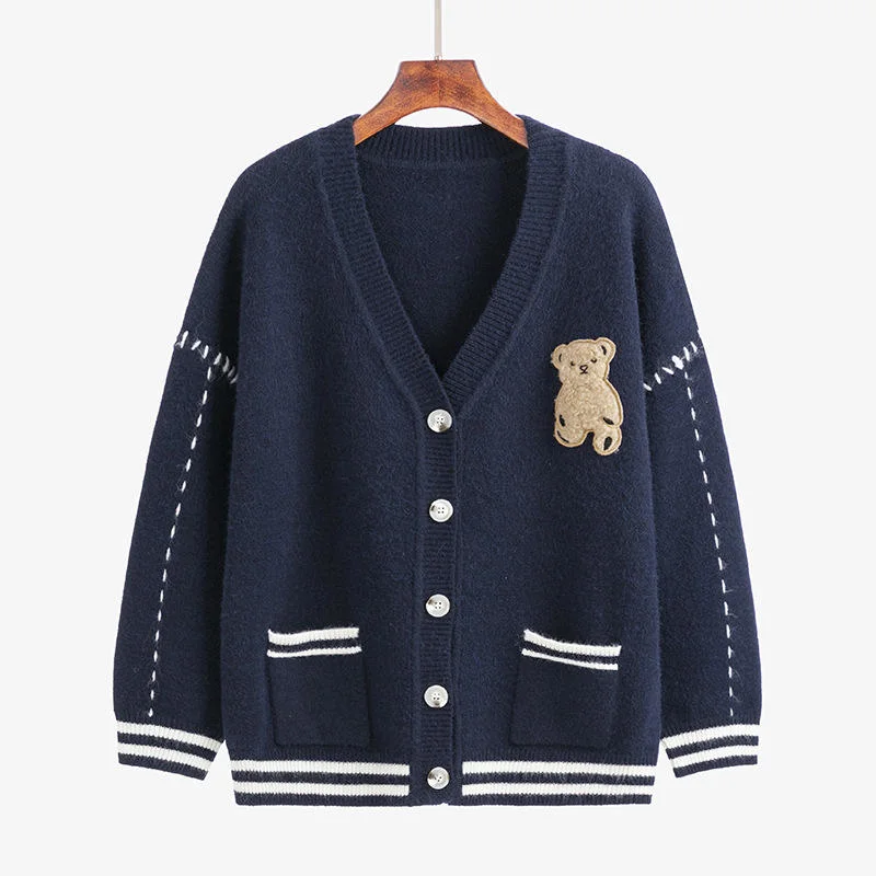 Women&prime;s Sweaters Cardigan Jacket Autumn and Winter Bear Loose Knit Sweater Top