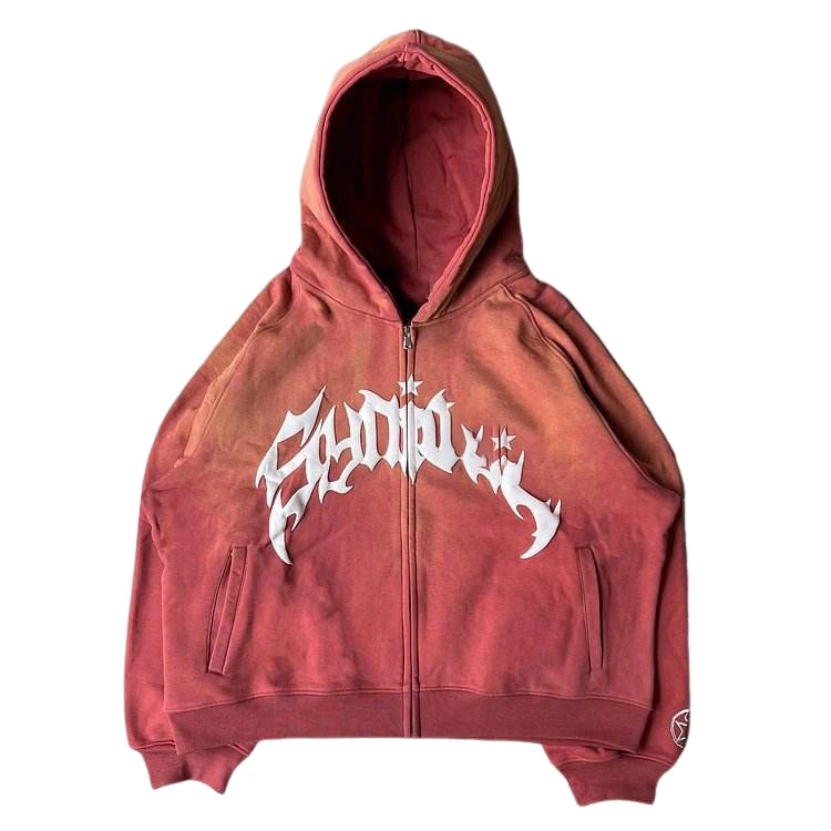 Custom Good Quality Full Zip up Oversize Hoodies Men Streetwear Acid Washed 3D Puff Print Hoodie