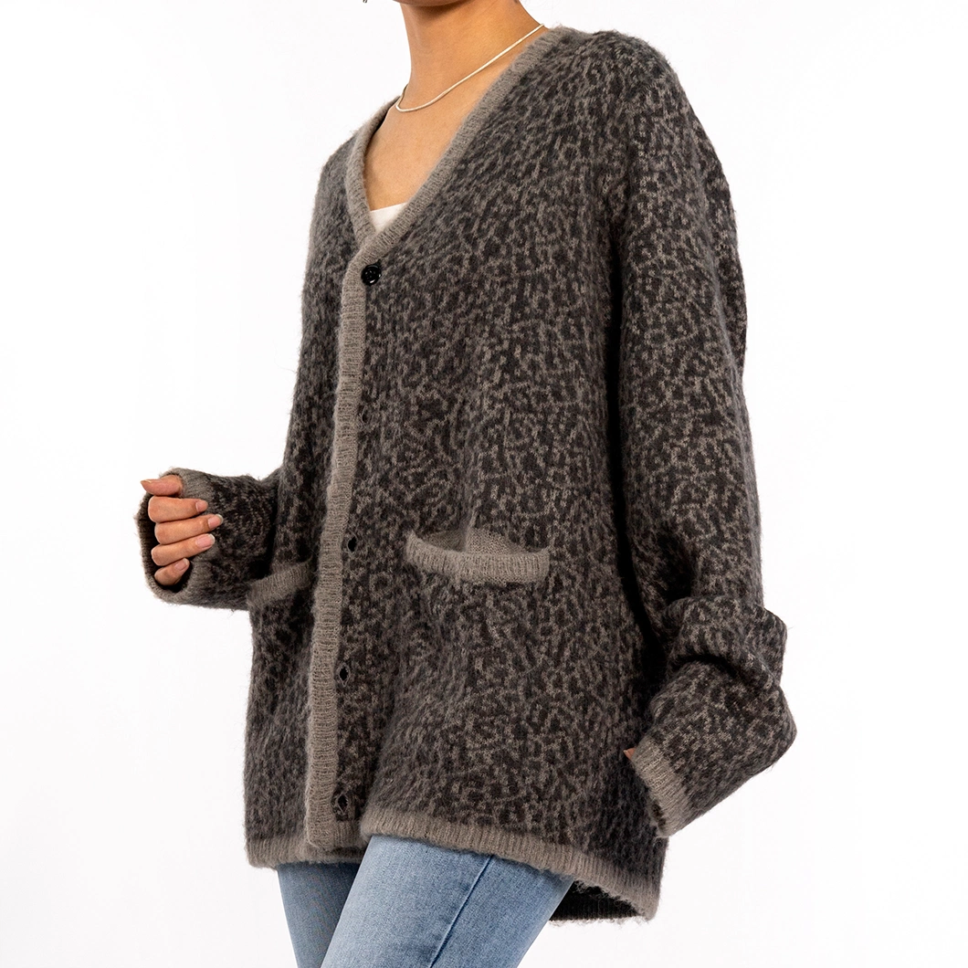 Winter Leopard Print Knit Jacket V-Neck Long Sleeve Plus Size Cardigan Sweaters for Women