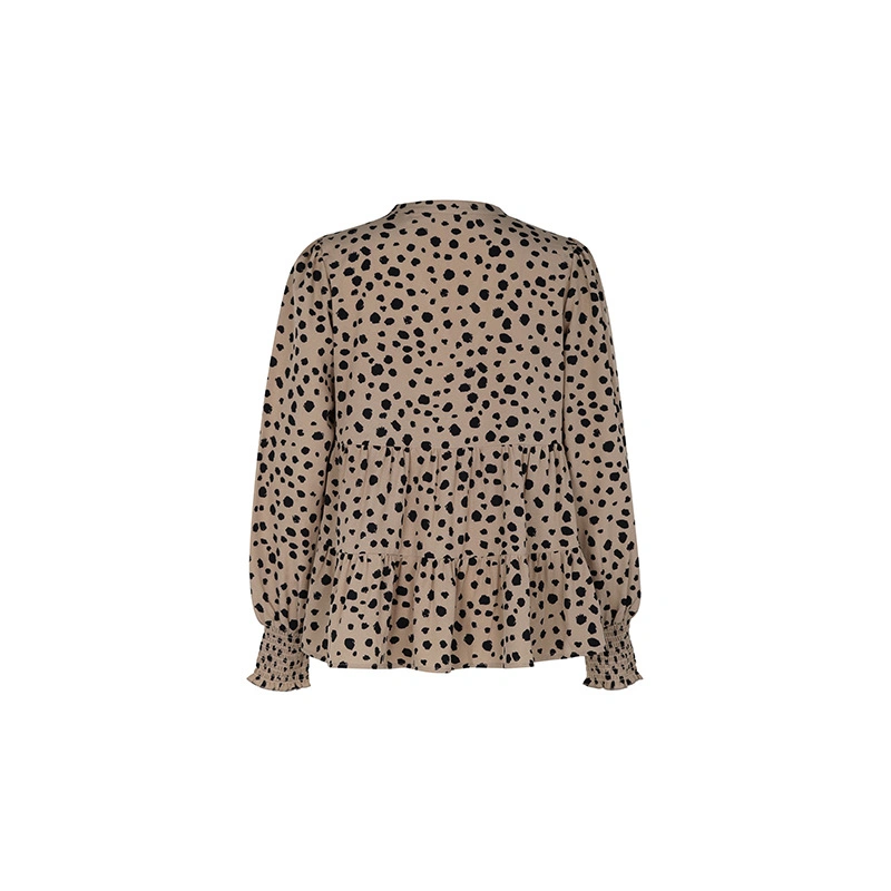 A8883 Solid Long Sleeve V Neck Leopard Print Tee