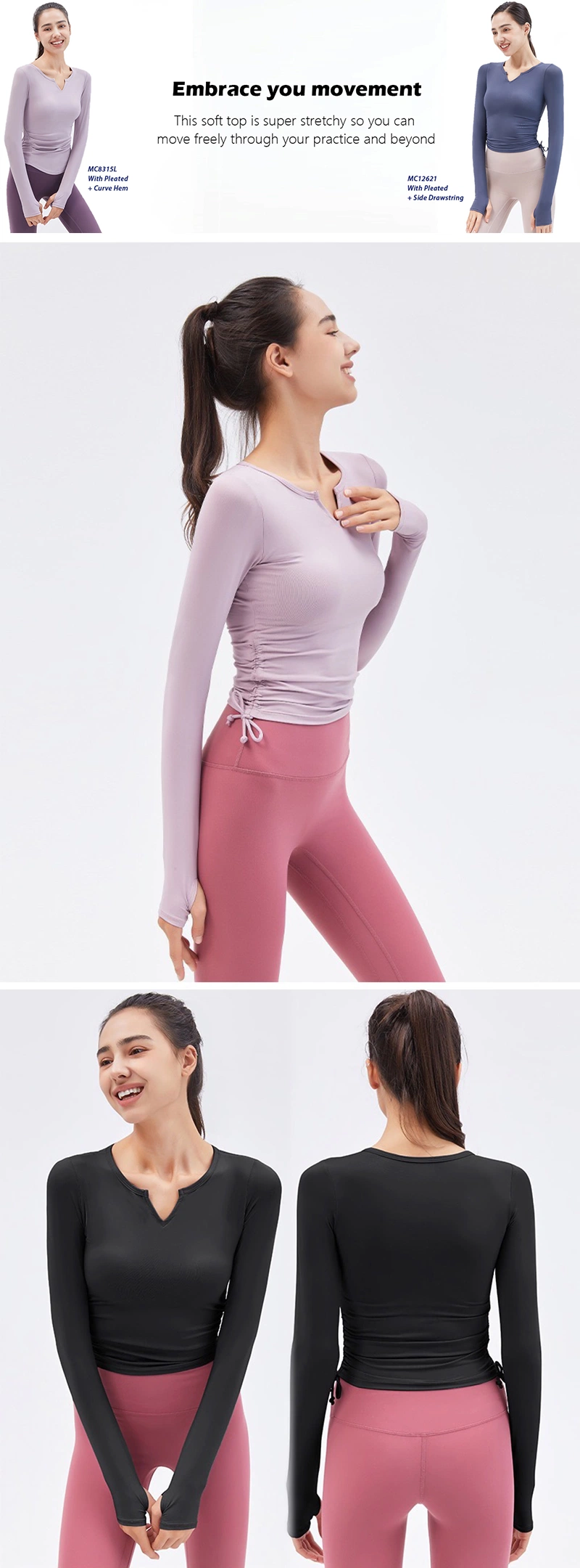 Cute Fall Winter Athletic Yoga Top Wear Long Sleeve V Neck Pullover T-Shirts with Bra for Ladies, Customize Tie Side Workout Jersey Running Sweat Shirts