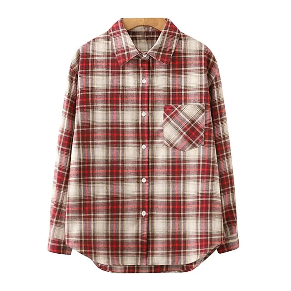 2023 Custom Fitted Button up Women Tops Long Sleeve Pocketed Regular Fit Plaid Flannel Shirts Plaid