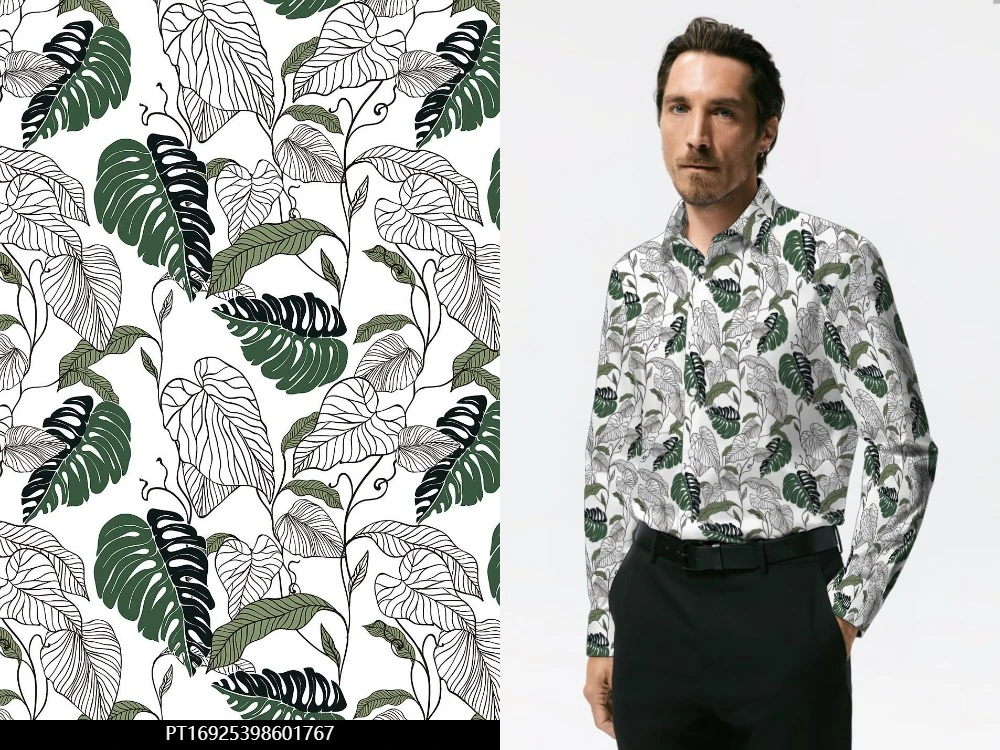 Custom 100% Viscose Men&rsquor; S Green Leaves Printed Long Sleeve Shirt