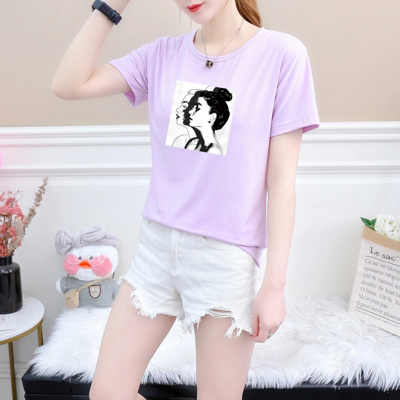 New Fashion T Shirt Woman Spring Summer Girls Print Short Sleeve O Neck Cotton Spandex Women Top Slim Fit Soft Women Tshirt