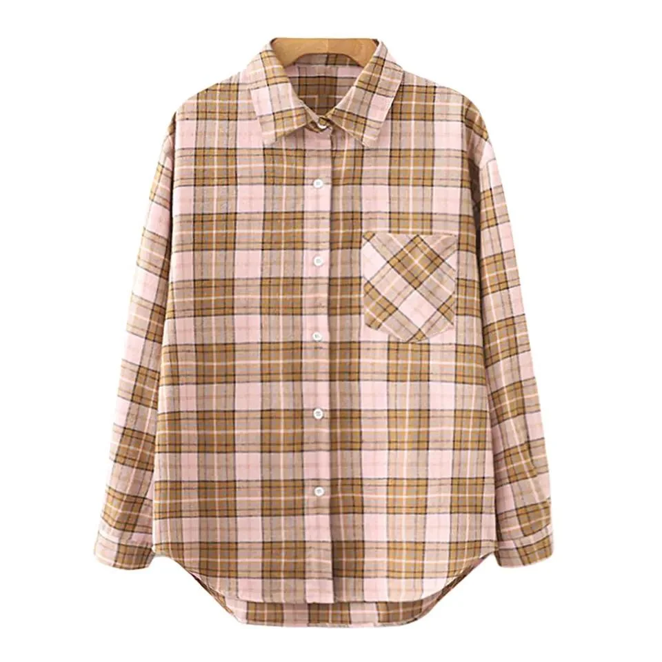 2023 Custom Fitted Button up Women Tops Long Sleeve Pocketed Regular Fit Plaid Flannel Shirts Plaid