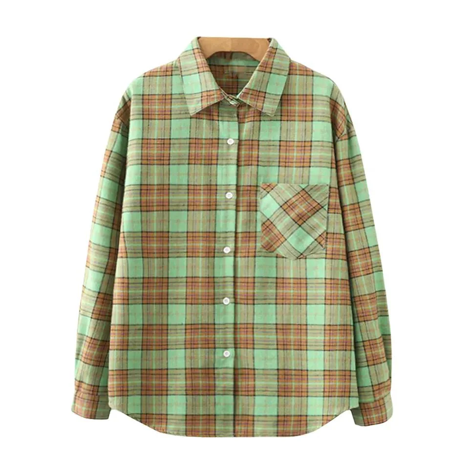 2023 Custom Fitted Button up Women Tops Long Sleeve Pocketed Regular Fit Plaid Flannel Shirts Plaid