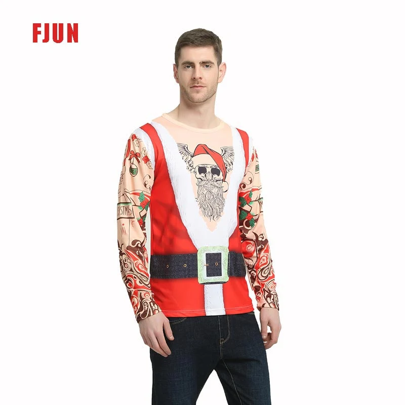 2022 Popular Cute Christmas Atmosphere Large Area Santa Claus Print Round Neck Long Sleeve Men&prime; S T-Shirt