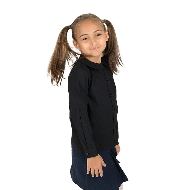 Kids Long Sleeve Peter Pan Collar Blouse School Uniform Cotton Shirt for Size 2-14 Years Cute Girls