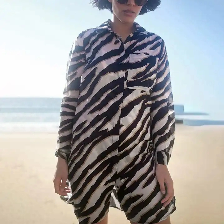 Print Women Oversized Beach Long Sleeves Side Slits Tunic Longline Shirt