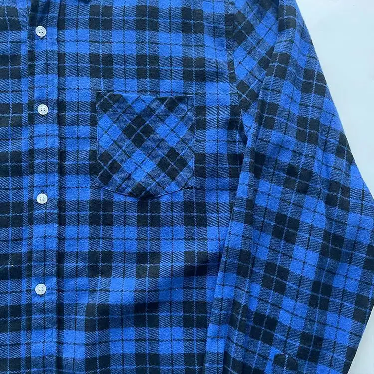 Personalized Custom Loose Fitted Blue and Black Plaid Casual Thick Flannel Cotton Flannel Shirts for Men