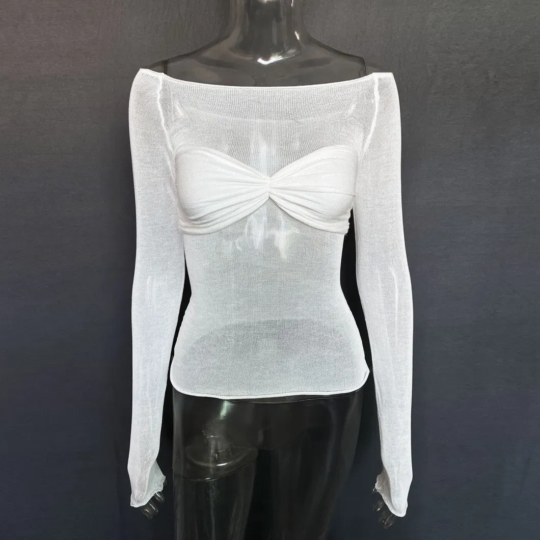 2024 Customized Spring/Summer Mesh Transparent Long Sleeved T-Shirt Fashion Strapless Sexy Top