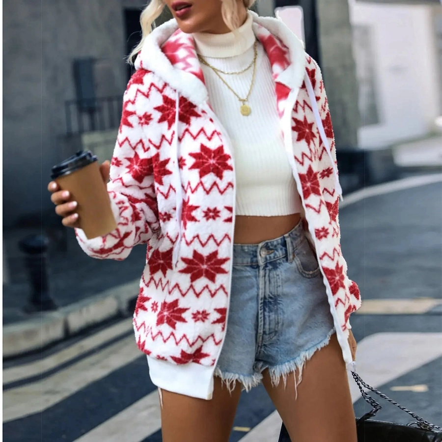 Flash Velvet Fall and Winter Cross-Border Europe Women&prime;s Loose Hooded Zipper Cardigan Velvet Printing Sweater