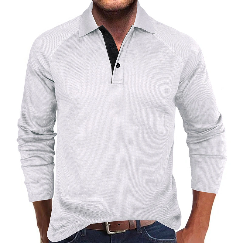 Wholesale Lapel Collar T-Shirt Loose Pullover White Waffle Long-Sleeve Polo Shirt