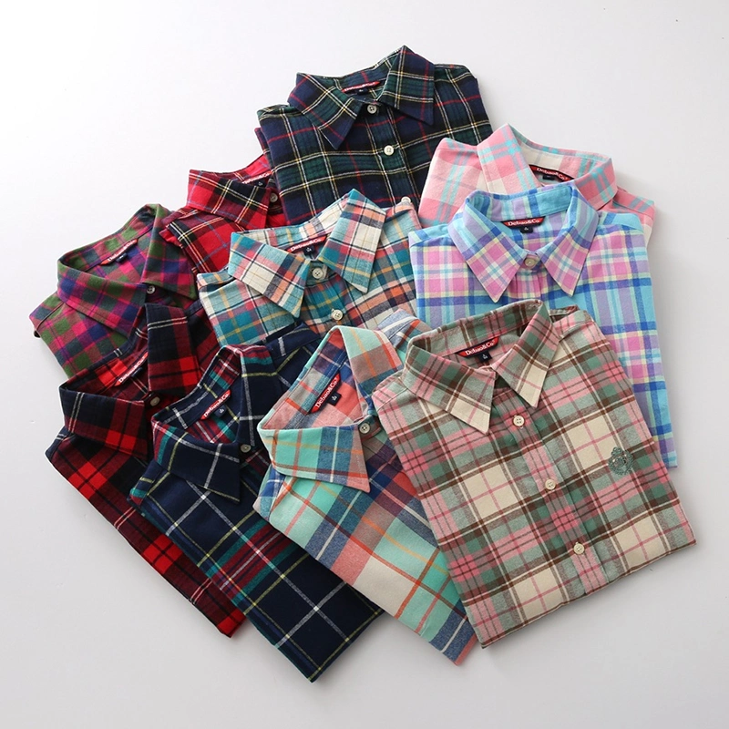 2023 Long Sleeve 100% Cotton Flannel Blouse Plaid Oversized Checked Shirts for Women