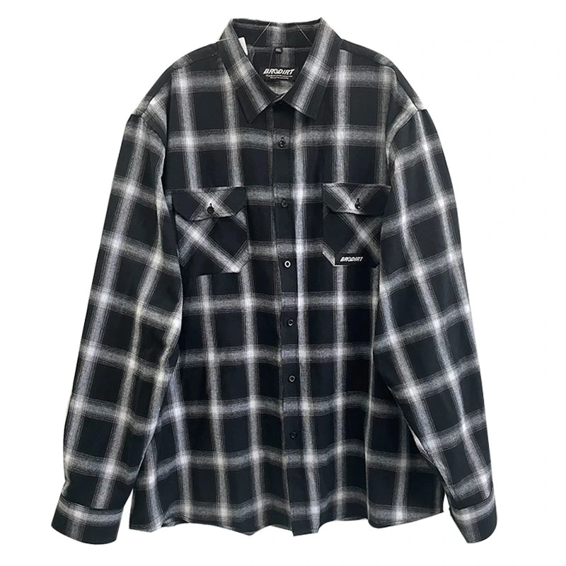 Fashion Black and White Plaid Flannel Shirt Custom Label 100% Cotton Long Sleeve Casual Button up Shirt