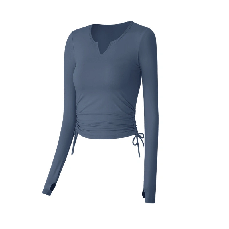 Cute Fall Winter Athletic Yoga Top Wear Long Sleeve V Neck Pullover T-Shirts with Bra for Ladies, Customize Tie Side Workout Jersey Running Sweat Shirts