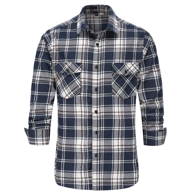 Wholesale Oversize Cotton Men Pocket Flannel Shirt Long Sleeve Green Classic Plaid Shirt