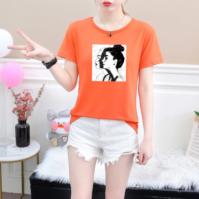 New Fashion T Shirt Woman Spring Summer Girls Print Short Sleeve O Neck Cotton Spandex Women Top Slim Fit Soft Women Tshirt