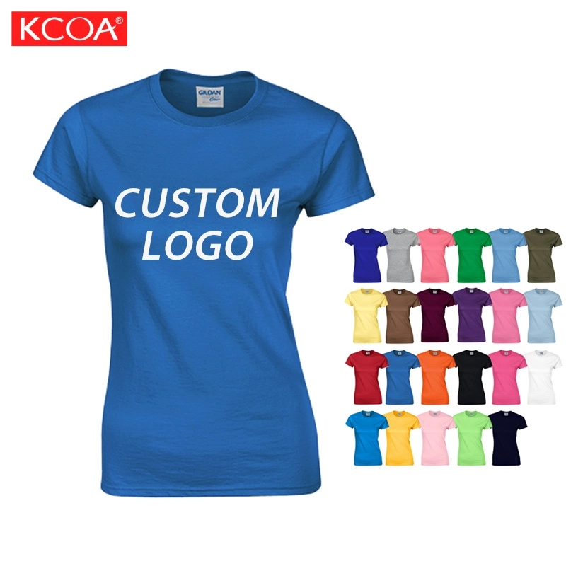 White Round Neck Custom Logo Screen Printing Plain Blank Female Ladies Cotton Women T-Shirt