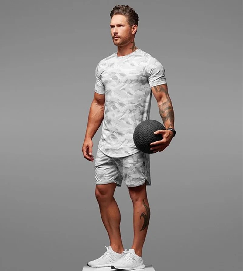 2PCS Mens Tie Dye Printed Camo Pattern Short Sleeve T-Shirts with Running Shorts Set Athletic Sweat Suit Casual Sportswear