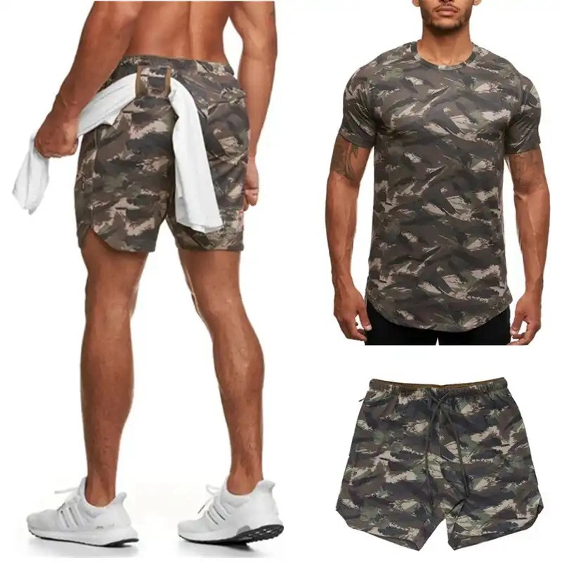 2PCS Mens Tie Dye Printed Camo Pattern Short Sleeve T-Shirts with Running Shorts Set Athletic Sweat Suit Casual Sportswear