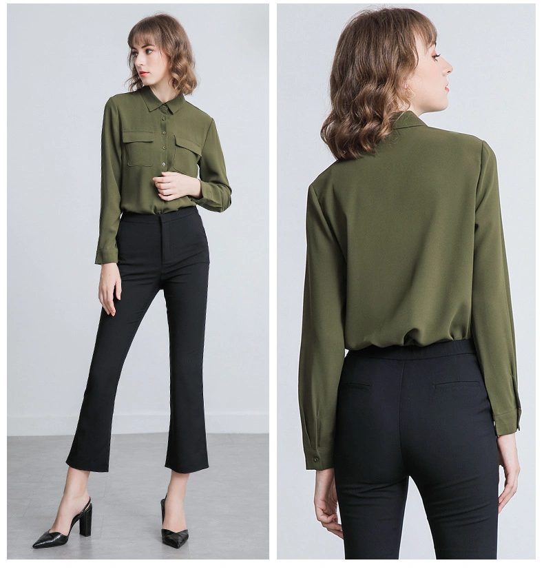 OEM White Chiffon Shirt Women&prime;s Long Sleeve Double Pocket Style Temperament Shirt