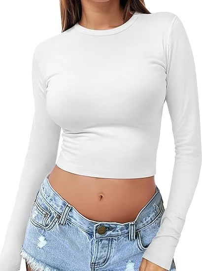 Womens Long Sleeve Crop Top Crew Neck Y2K Shirt Sexy Slim Fitted Casual Base Layer Soft Workout Shirt Going out Tops