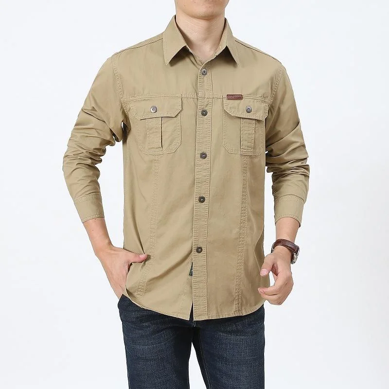 Wholesale Designer Deep Green Vintage Shirt Mens Casual Long Sleeves Heavy Cotton Washed Cargo Shirts