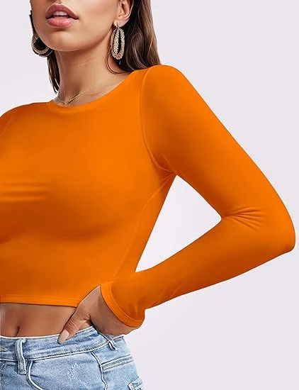 Womens Long Sleeve Crop Top Crew Neck Y2K Shirt Sexy Slim Fitted Casual Base Layer Soft Workout Shirt Going out Tops