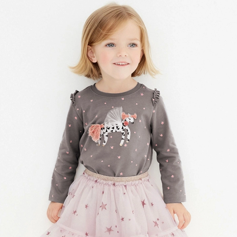 Spring 2024 100% Cotton Children Garments Kid Girl Long Sleeve Top Cartoon Applique Embroidery T-Shirt