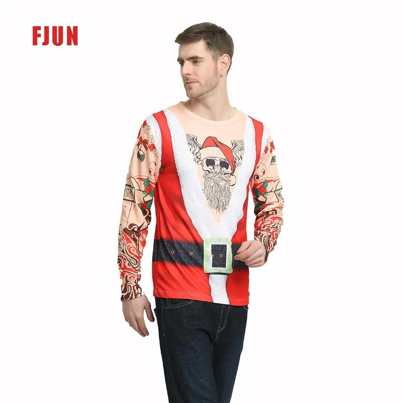 2022 Popular Cute Christmas Atmosphere Large Area Santa Claus Print Round Neck Long Sleeve Men&prime; S T-Shirt